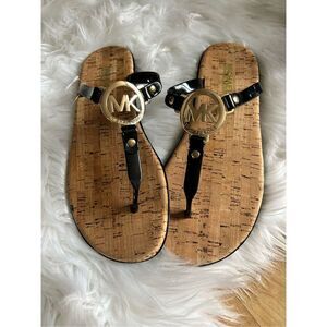 Michael Kors Size US 7 Black Sandals Gold Charm MK Logo Jelly Cork Women's